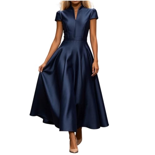 Satin Maxi Dress Women Stand Collar Cap Sleeve Flared Party Dress | Heavy glossy satin fabric, split stand neck, full swing skirt, long length for bridal formal dinner