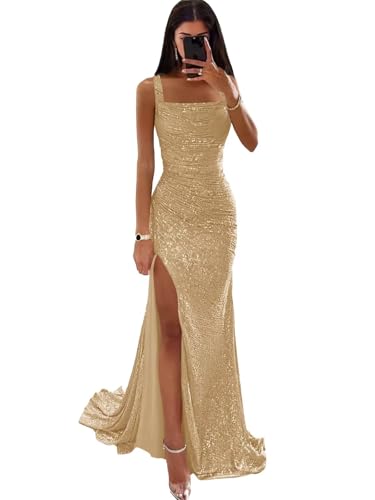 Verngo Square Neck Gold Prom Dresses for Women Long Sparkly Sequin Mermaid Backless Formal Evening Party Gowns with Slit US6