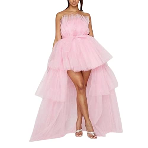 Women Strapless Tulle Dress Off Shoulder Fairy Tiered Layered Tutu Dress High Low Irregular Party Prom Dress (A-Pink, S)