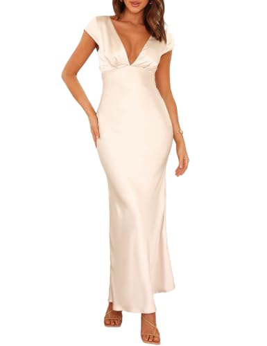 Halfisland Womens Summer Satin V Neck Cap Sleeve Midi Dress Wedding Guest | 2026 Summer,Backless,Hollow Out,Long,Formal,Cocktail,Twist,Bridesmaid,Party,Baby Shower,Short Sleeve,Beach,Elegant,Evening