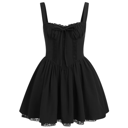 ABEHIK Women Mini Corset Dress Sexy Short Romper Summer Dresses Spaghetti Straps Low Cut Floral Lace Bustier Dress Ruffle Flowy Going Out Wedding Guest Party A Line Casual Sundress Black S