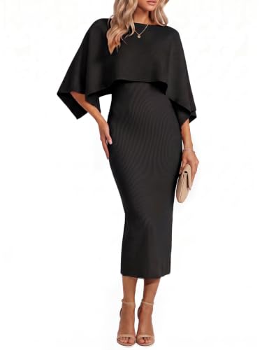 Wenrine Womens Fall 2 Piece Outfits Capelet Cocktail Midi Sweater Dress | Tank Dress with Shawl, Poncho Sweater, Bodycon, Formal Fall Winter Outfits, Elegant Wedding Duest Dresses