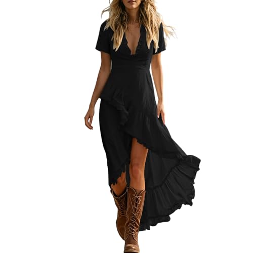 YMADREIG Womens Western Dress V Neck Ruffle Boho Dress Summer Casual High Waist A Line Flowy Maxi Dresses for Country Wedding Short Sleeve High Low Hem Vacation Beach Cowboy Dresses