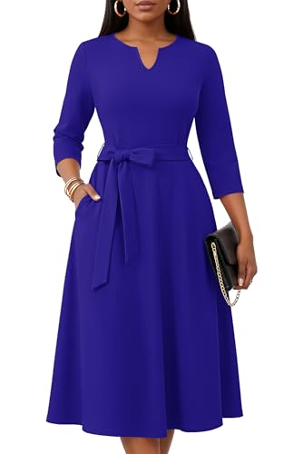KARALIN Women Midi Dress 3/4 Sleeve A-Line V Neck with Pockets Royal Blue