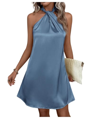 Floerns Women's Pearl Beaded Halter Twist Sleeveless Tie Back Dress | Garden Wedding Guest, Cocktail, Going Out, Pretty A Line, Vacation, Summer, Elegant Casual Outfit, Silk Blue, Medium