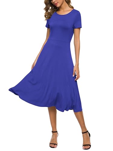 EXCHIC Women's Short Sleeve O-Neck Waisted Slim Solid Color Long Dress (M, Royal Blue)
