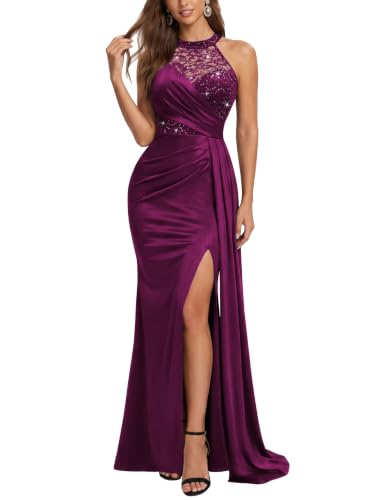 Miusol Women's Sexy Halter Sequin Lace Satin Evening Party Maxi Dress