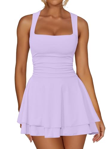 Kaximil Women's Square Neck Ruffle Hem Party Mini Dress, M, Purple | A Line Corset Ruched Waist Cute Birthday Homecoming Short Dresses