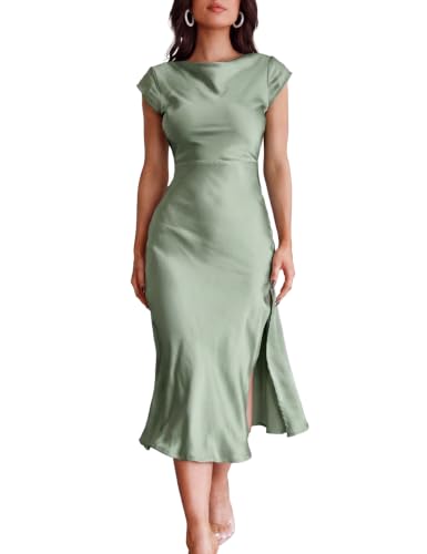 Gmeitoey Women's Satin Formal Cap Sleeves Midi Dress Cocktail Wedding Guest