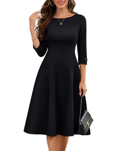 Black Modest Dresses for Women 3/4 Sleeve Vintage Dresses for Women Party Formal Work Wedding Guest Dress Modest Church Dress with Pockets Black L