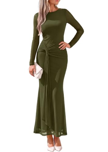 PRETTYGARDEN Womens Fall Long Sleeve Bodycon Tie Waist Mesh Maxi Dresses