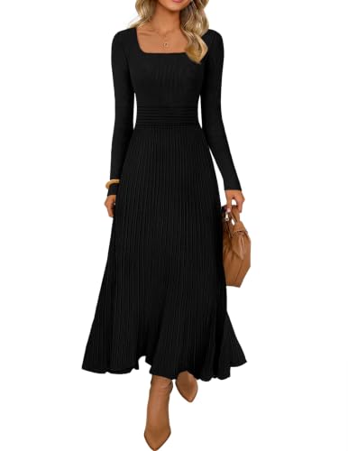 MEROKEETY Women's Sweater Dress Fall Winter Church Midi Dresses, Black, M