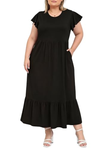 Women's 2026 Plus Size Summer Dress Casual Maxi Dresses with Pockets Crew Neck Ruffle Short Sleeve Floral Long Dress Black