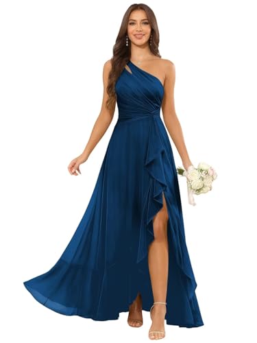 Yeoqmb Chiffon Peacock Bridesmaid Dresses One Shoulder Ruched A Line Flowy Formal Evening Gown for Wedding Guest US14