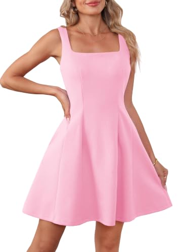 tagunop Womens Mini Dress Sleeveless Square Neck Short Dress Baby Pink XS