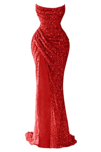 Fukbdz 80s Prom Dresses for Women, 2026 Backless Sparkly Sequin Mermaid Strapless Tube Top Party Evening Wedding Gowns Red US12