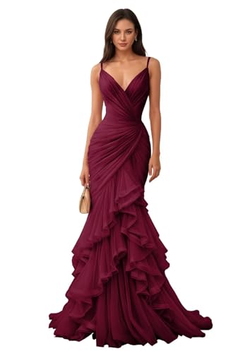 Long Tulle Ball Gown with Train for Women Wedding Guest Wine-red