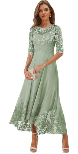 Lace Appliques Mother of The Bride Dress Tea Length Sage Green Mother of Groom Dresses for Wedding Size 12