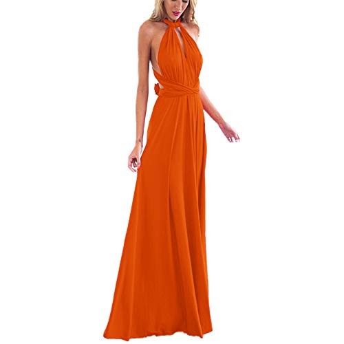 Women's Transformer Convertible Multi Way Wrap Long Prom Dress Halter V-Neck One Shoulder Wedding Bridesmaid Evening Party Maxi Dress Spaghetti Strap Criss Cross Back Formal Cocktail Gown Orange L