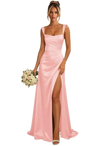Jalunian Blush Pink Bridesmaid Dresses 2026 Long Silk Satin Corset Formal Dress for Women with Slit Ruched Bodycon Maxi Prom Gown 2