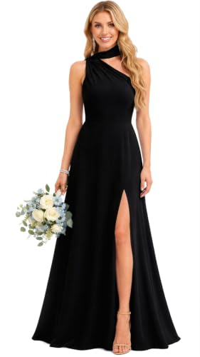 Lanbaodress One Shoulder Bridesmaid Dresses with Scarf Black 10