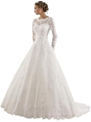 XRRLYOO Long Sleeve Wedding Dresses for Bride Princess A Line Wedding Ball Gown Tulle Lace Beach Bridal Gowns