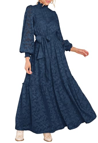 MITILLY Fall Modest Long Sleeve Maxi Dress for Women, Dark Blue, S