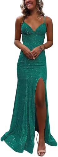 dxazd Teal Sequin Sparkly Mermaid Prom Dresses with Slit 2026 Long Corset Formal Dresses Empire Waist Party Dress 6