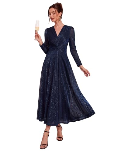 Ever-Pretty Women's Fall Formal Dresses Long Sleeves Midi Cocktail Dress | Formal Dresses for Women, Wedding Guest Dress, A-Line, Lurex Mesh, V-Neck, Stretchy, Navy Blue, US16