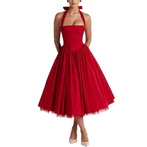 Women Summer Halter Dress Low Cut Sleeveless A Line Tulle Swing Flowy Tea Length Dress Corset Prom Formal Ball Gowns (Red, Medium)
