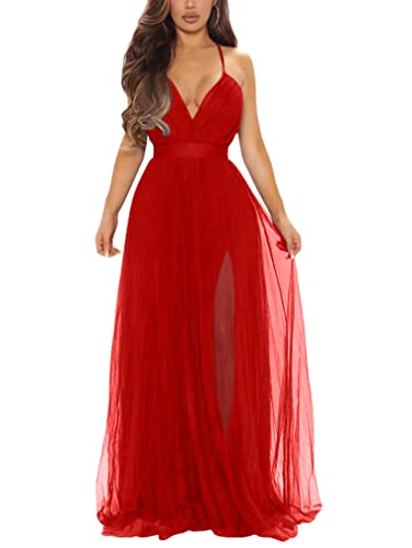 XXTAXN Womens Sexy Deep V Neck Split Cocktail Formal Prom Maxi Dress Red