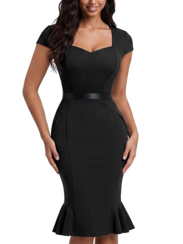 Miusol Women's Retro Square Neck Business Ruffle Hem Cocktail Dress(X-Large, Black)