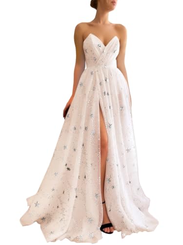UZN Women's Sparkly Starry Tulle Prom Dress Long with Split Blush V Neck Evening Formal Party Gown Strapless Christmas Night Dresses US16