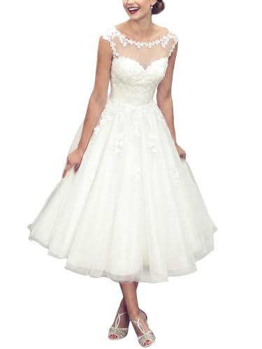 Women's Elegant Sheer Vintage Short Lace Wedding Dress for Bride US 14 Ivory