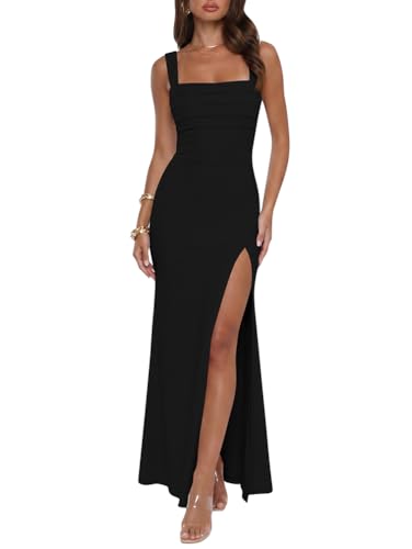 XXTAXN Womens Formal Mesh Double Tank Square Neck Split Maxi Dress Black