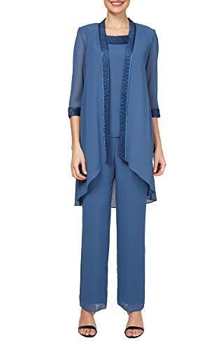 Le Bos Women's Elegant 3-Piece Satin-Trimmed Pant Set with 3/4 Sleeve Jacket, Bluetone, 14