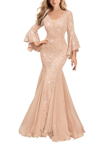 Miusol Women's Deep V Neck Sequin Lace Mesh Tulle Hem Formal Evening Dress | V-Neck, Bell Sleeve, Floral Sequin Lace Pattern, Glitter Tulle Mermaid Silhouette for Formal Event, Evening Party, Banquet