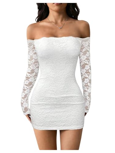 GORGLITTER Women's Lace Mini Y2K Club Birthday Sexy Party Going Out Dresses | Lace Mini Dress, Long Sleeve, Off The Shoulder, Night Out Clubbing Cocktail Dress, Outfits, White, Small