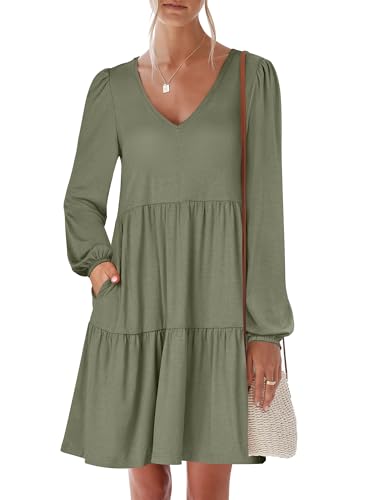 ANRABESS Womens Fall Long Sleeve V Neck Casual Short Dress Army Green