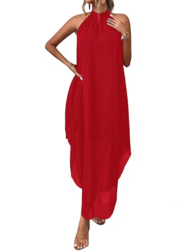 Women's Wedding Guest Flowy Chiffon Elegant Maxi Dress Red M