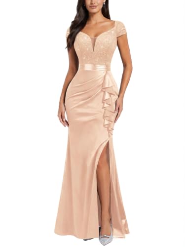Miusol Women's Vintage V-Neck Slim Ruffle Split Evening Formal Maxi Dress | Cap Sleeves, Sequin Lace Contrast Satin, Layered Ruffles for Prom, Wedding Party