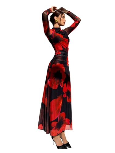 Verdusa Women's Floral Wedding Guest Dress Long Sleeve Mesh Maxi Dresses