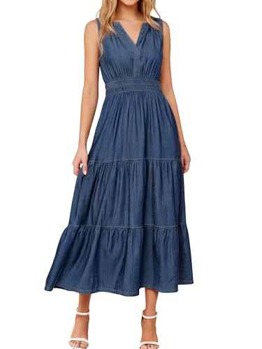 BerryGo Womens Denim Dress Sleeveless Jean Maxi Dress Empire Waist Flowy A Line Cowgirl Country Soft Chambray with Pockets(Dark Blue M)