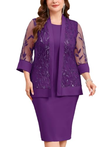 Sassique Plus Size 2 Pieces Mother of The Bride Dress Suit with Sequin Leaf Jacket Formal Wedding Guest Evening Gowns, Dark Purple, 2X