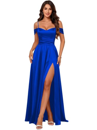 Hjrqda Royal Blue Bridesmaid Dresses for Wedding Satin Corset Cold Shoulder Long A Line Formal Cocktail Party Dress US8