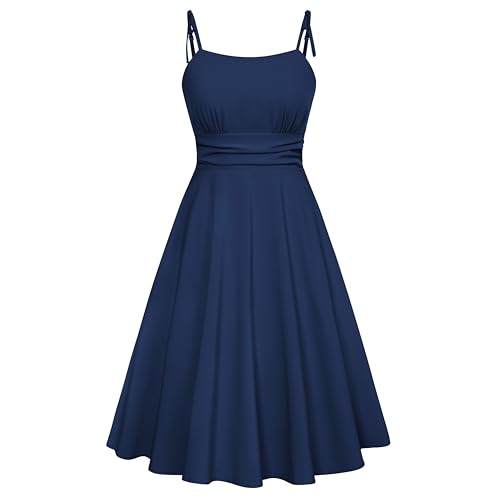 Belle Poque Women's Spaghetti Strap Midi Vintage Tea Party Dress Navy M | Sleeveless,Midi,A-line,Flowy,Cocktail Dress,Wedding Guest Dress,Graduation Homecoming Dress,Navy M