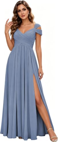 Off The Shoulder Bridesmaid Dress Aline Chiffon Formal Wedding Guest Dress with Slit Steel Blue 12