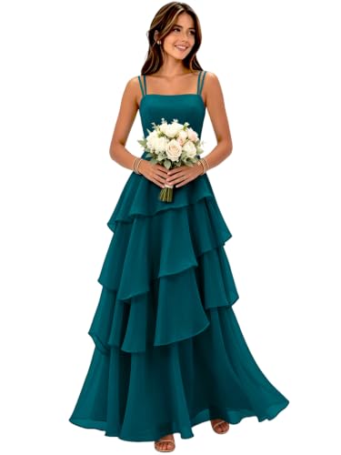 Fukbdz A Line Chiffon Bridesmaid Dresses Peacock Tiered Sleeveless Long 10