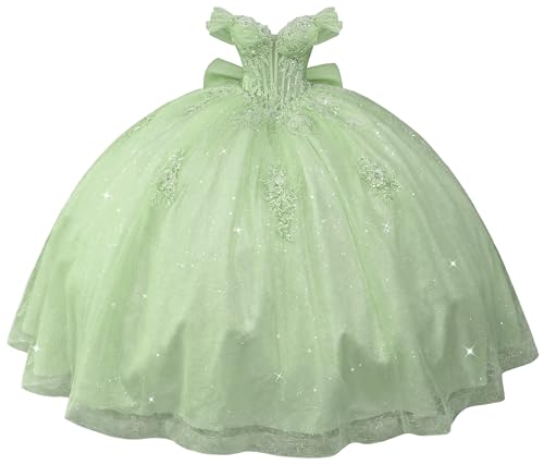 Mouccy Sparkly Off Shoulder Sage Quinceanera Dresses Tulle Beaded 3D