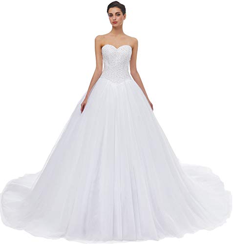 Likedpage Women's Sweetheart Tulle A-line Wedding Dresses for Bride with Train White US8